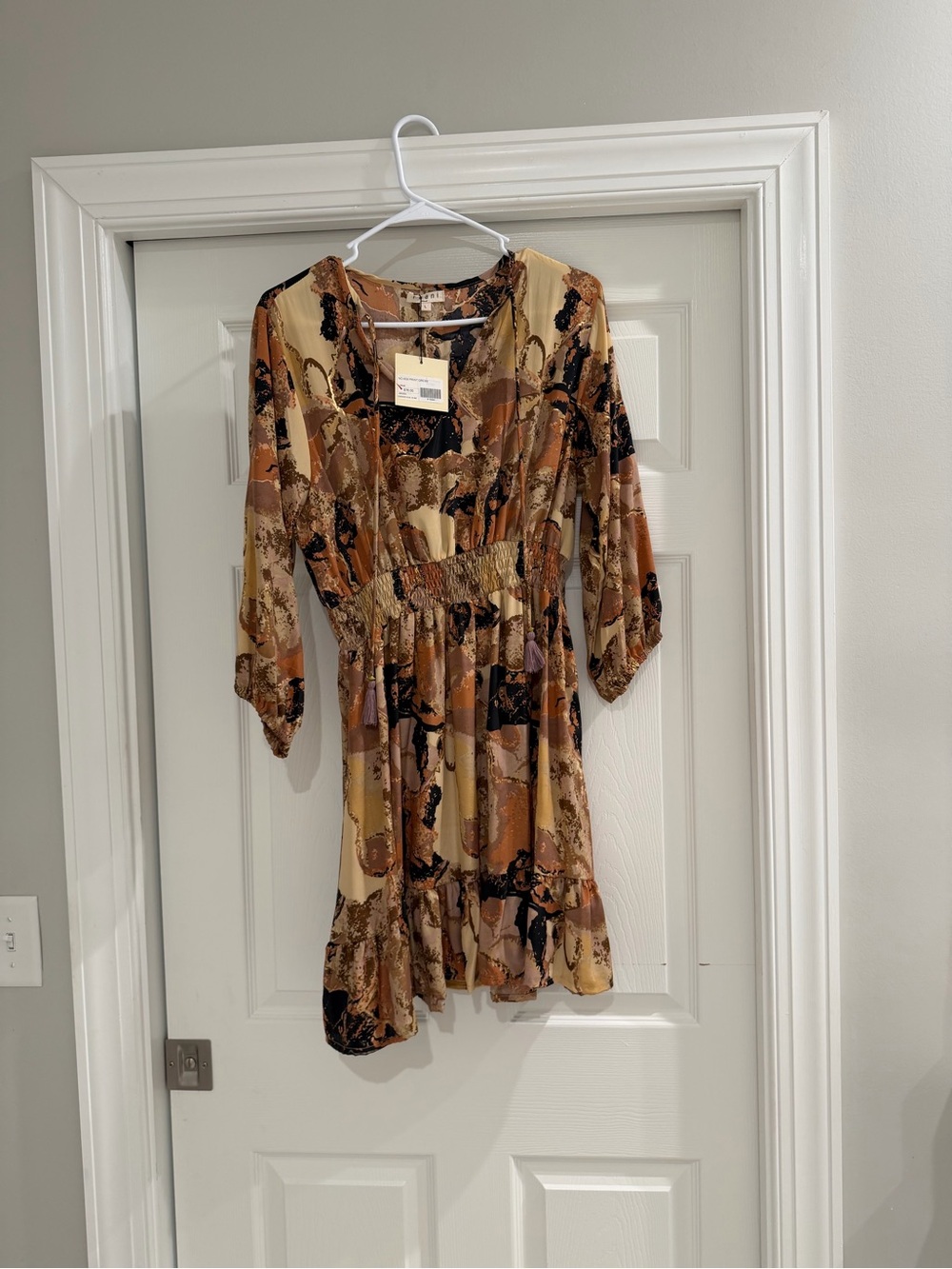 Boho Print Mini Dress in Brown and Cream